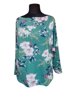 Zielona bluzka z rękawem 3/4 kimono - wzór białe kwiaty